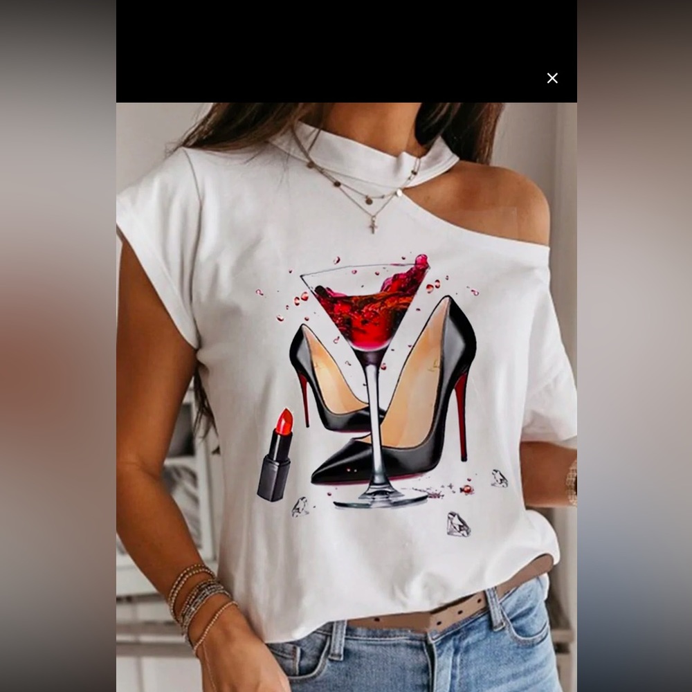 White/Multicolor  Pumps & Wine Glass T-Shirt